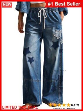 Wide Leg Star Patch Denim Jeans Drawstring Cotton Blend Baggy Y2K Streetwear